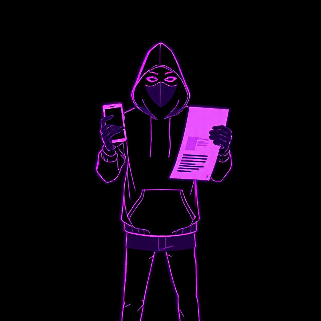 A masked criminal photographing the same printed transcript.